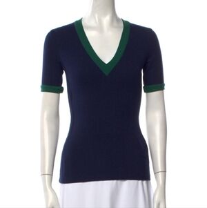 Reformation ribbed knit deep V ringer tee navy blue dark green stretch preppy L